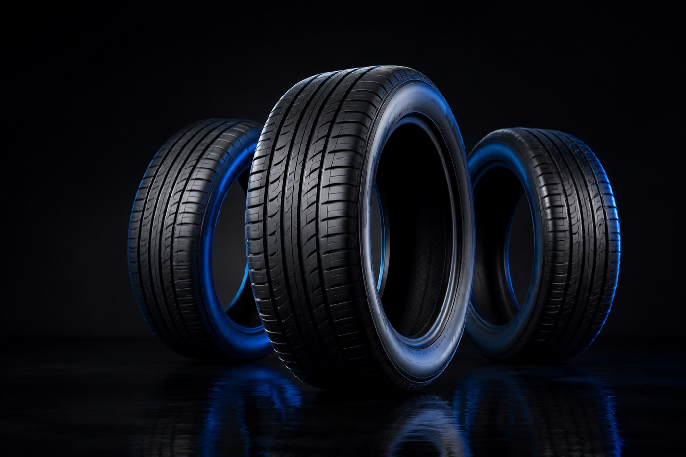 Three premium automotive tyres with detailed tread and blue studio lighting